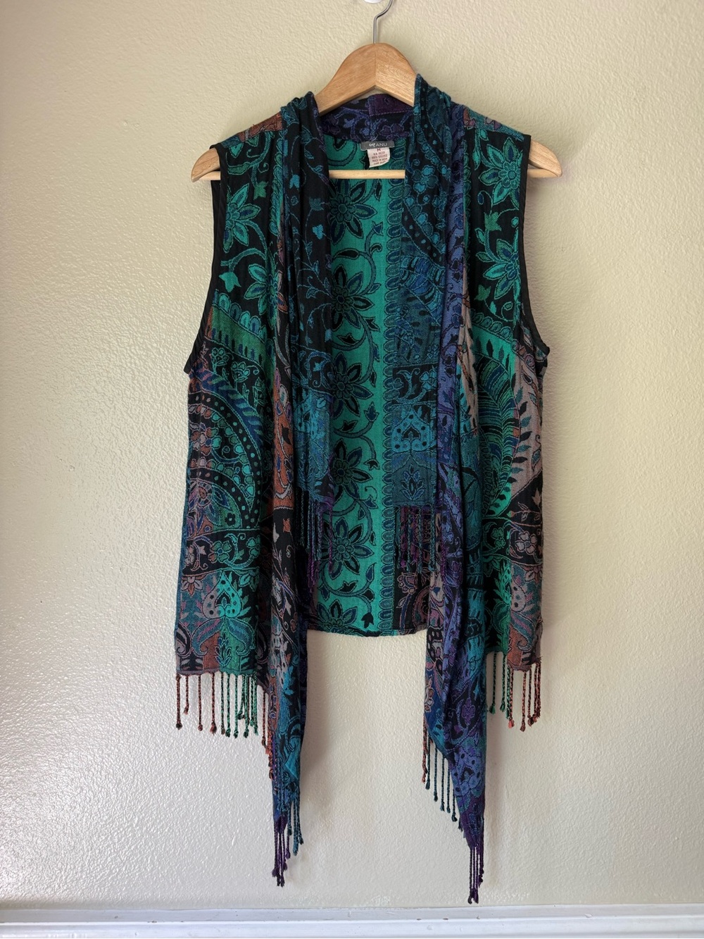 Bohemian Teal & Black Sleeveless Open-Front Fringe Tunic Vest